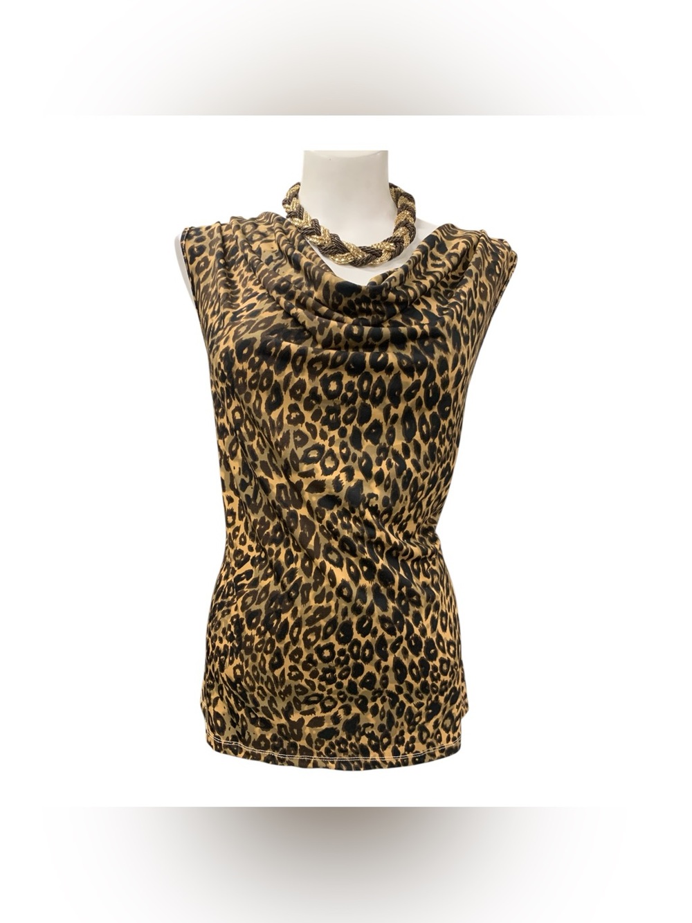 Jessica Leopard Print Cowl Neck Sleeveless Top - Black & Tan Size L